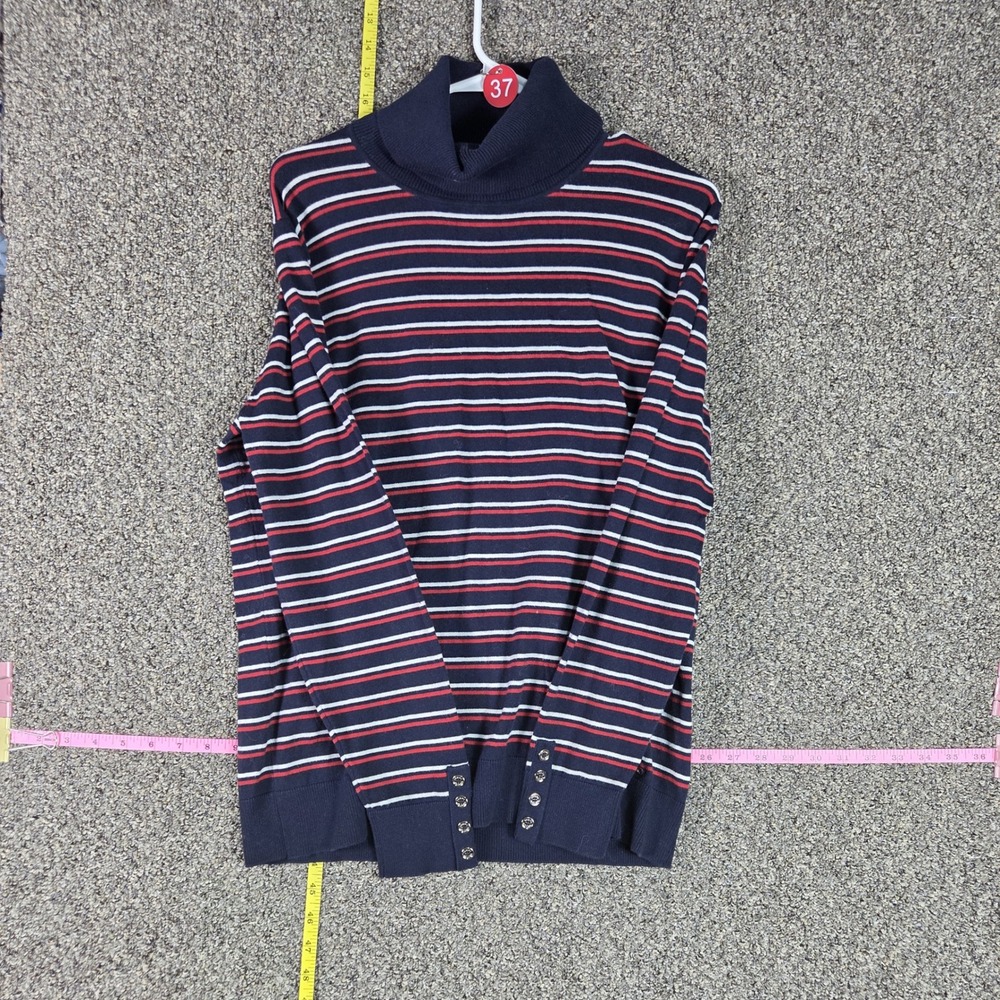 Tommy Hilfiger Turtleneck Sweater Womens Large Navy Blue Striped Button Cuff
